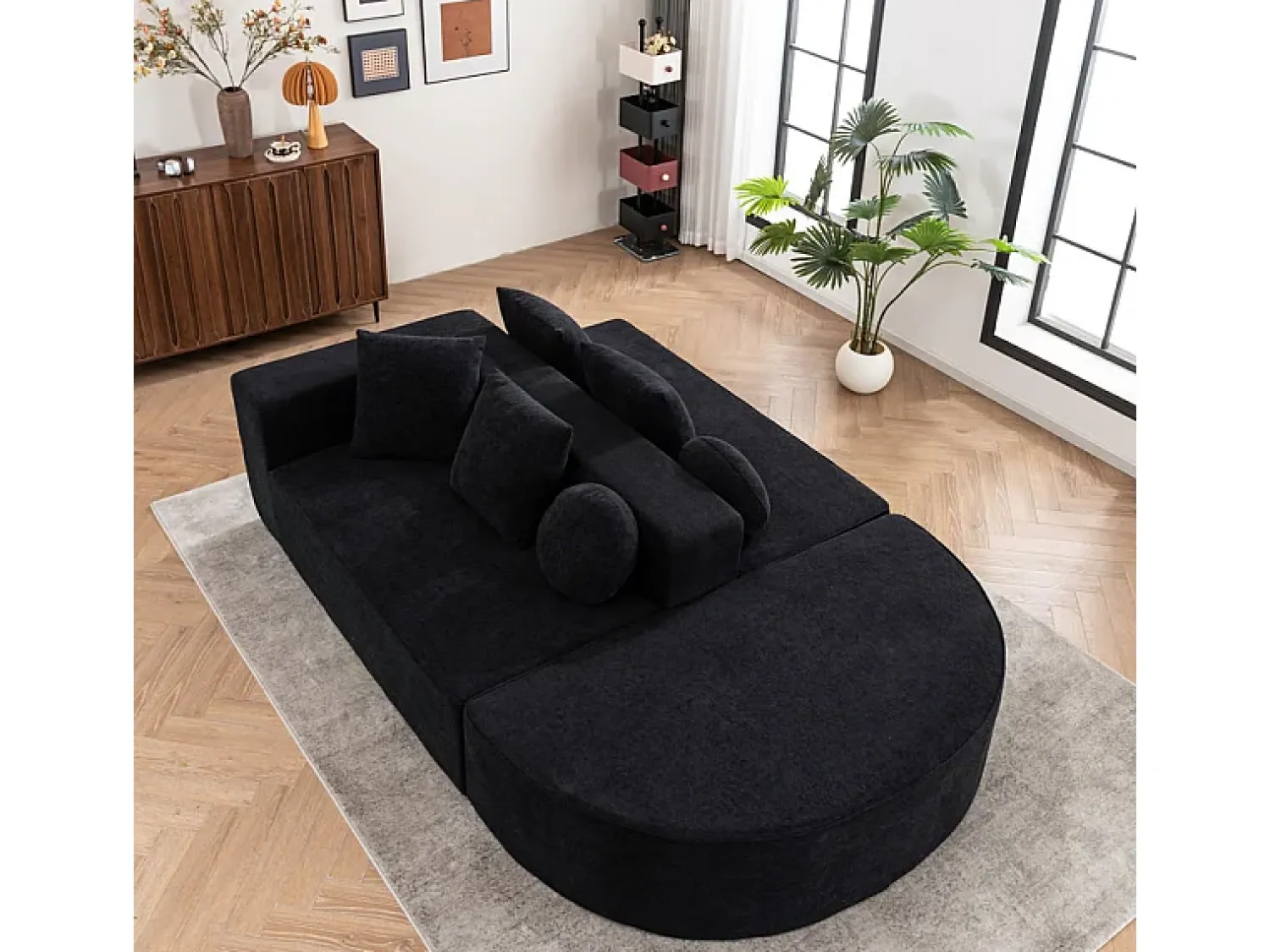 Sale DripeX Sofá panorâmico modular 5 lugares - de tecido Chenille - com 6 almofadas - 263x171x66cm Preto