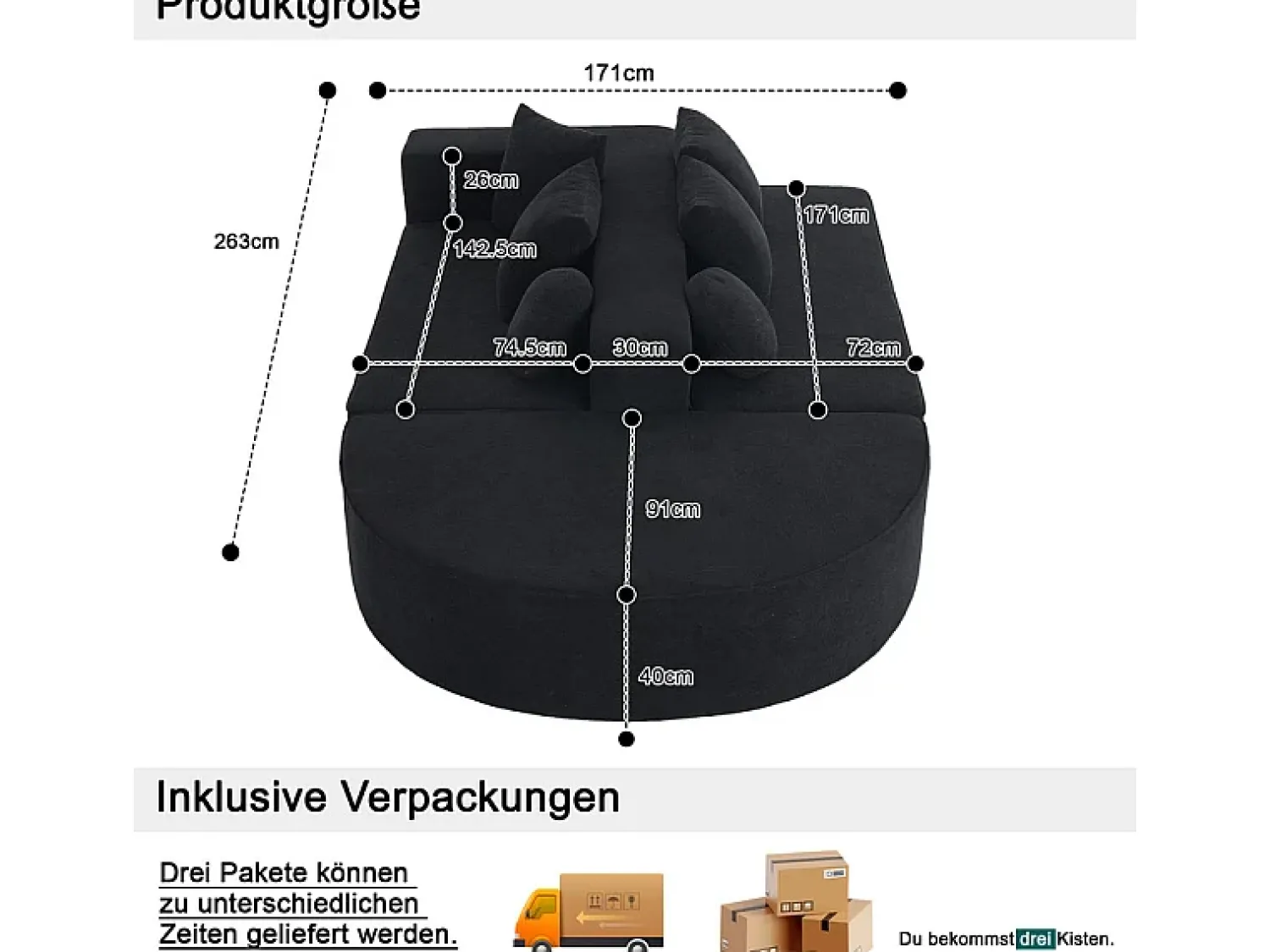 Sale DripeX Sofá panorâmico modular 5 lugares - de tecido Chenille - com 6 almofadas - 263x171x66cm Preto