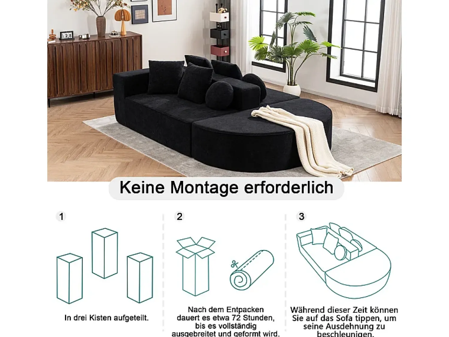 Sale DripeX Sofá panorâmico modular 5 lugares - de tecido Chenille - com 6 almofadas - 263x171x66cm Preto