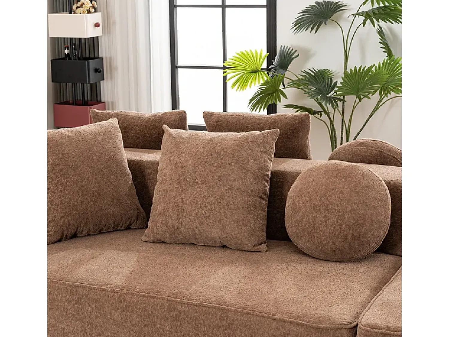Sofá*DripeX Sofá panorâmico modular 5 lugares - de tecido Chenille marrom - com 6 almofadas - 263x171x66cm Castanho