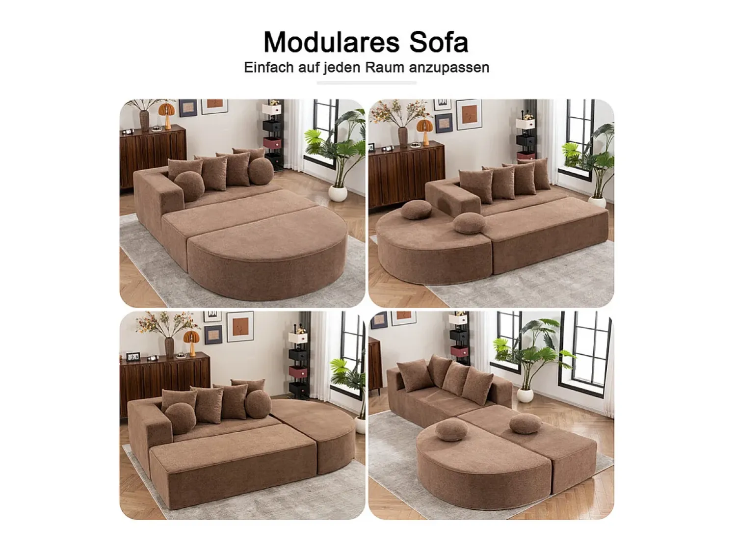 Sofá*DripeX Sofá panorâmico modular 5 lugares - de tecido Chenille marrom - com 6 almofadas - 263x171x66cm Castanho