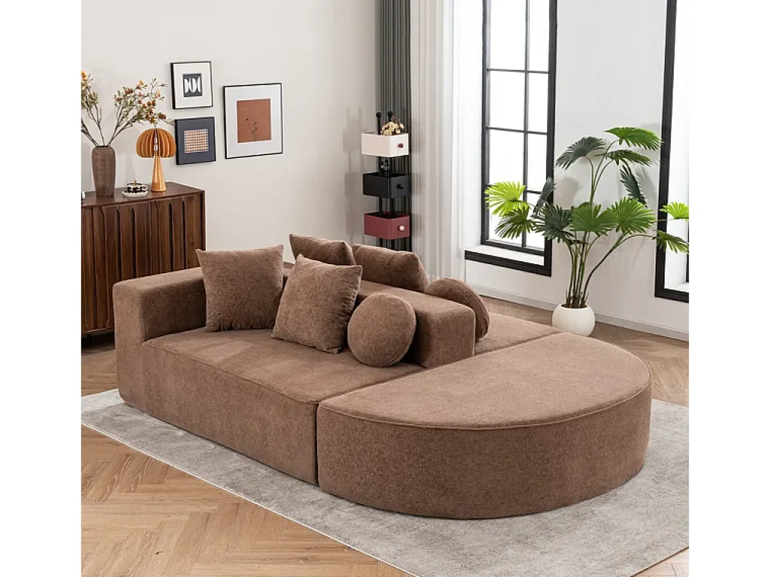 Sofá*DripeX Sofá panorâmico modular 5 lugares - de tecido Chenille marrom - com 6 almofadas - 263x171x66cm Castanho