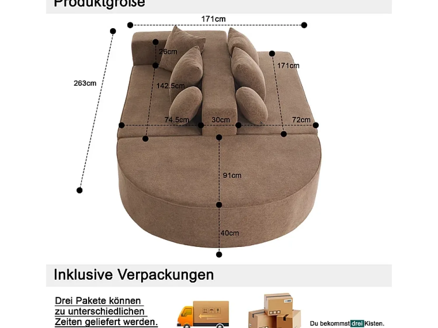 Sofá*DripeX Sofá panorâmico modular 5 lugares - de tecido Chenille marrom - com 6 almofadas - 263x171x66cm Castanho