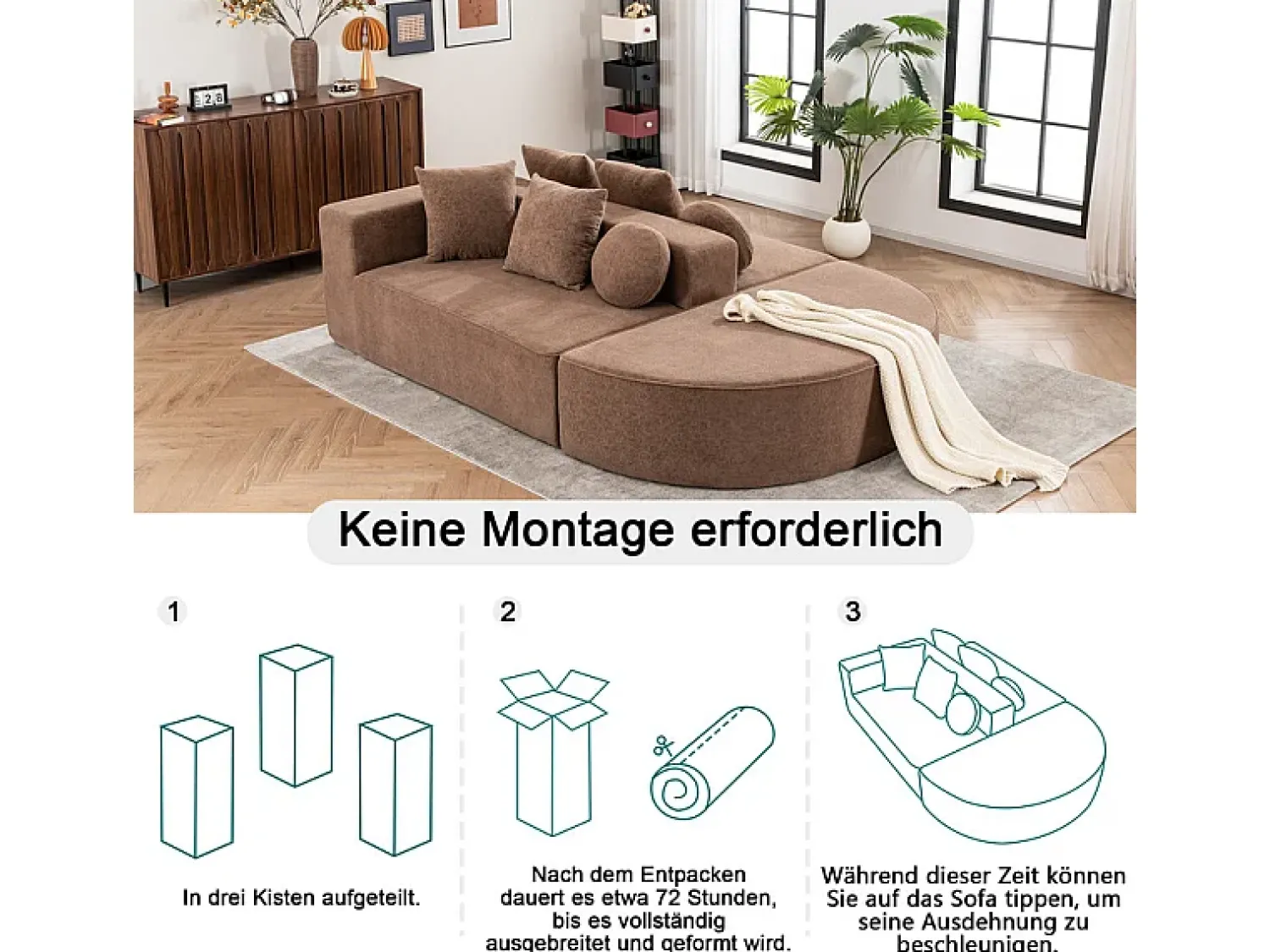 Sofá*DripeX Sofá panorâmico modular 5 lugares - de tecido Chenille marrom - com 6 almofadas - 263x171x66cm Castanho