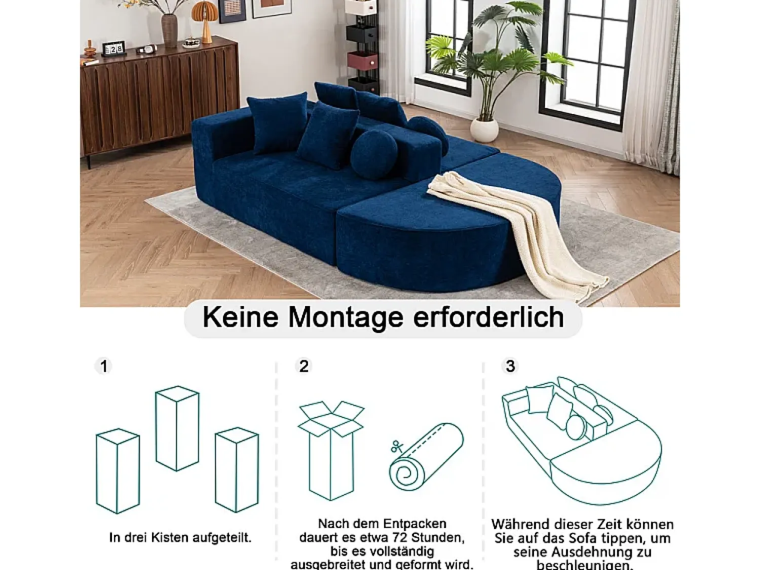 Sofá|DripeX Sofá panorâmico modular 5 lugares - de tecido Chenille - com 6 almofadas - 263x171x66cm Azul