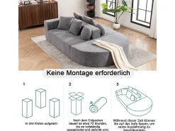 Clearance DripeX Sofá panorâmico modular 5 lugares - de tecido Chenille cinza - com 6 almofadas - 263x171x66cm Cinzento