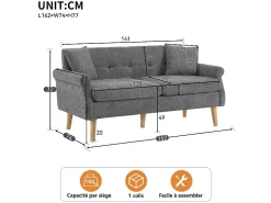 DripeX Sofá para 2 pessoas em tecido Chenille cinza - com 2 travesseiros - apoios de braços acolchoados - 20cm pés de madeira maciça -162x74x77cm^ Sofá