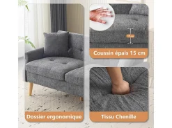 DripeX Sofá para 2 pessoas em tecido Chenille cinza - com 2 travesseiros - apoios de braços acolchoados - 20cm pés de madeira maciça -162x74x77cm^ Sofá