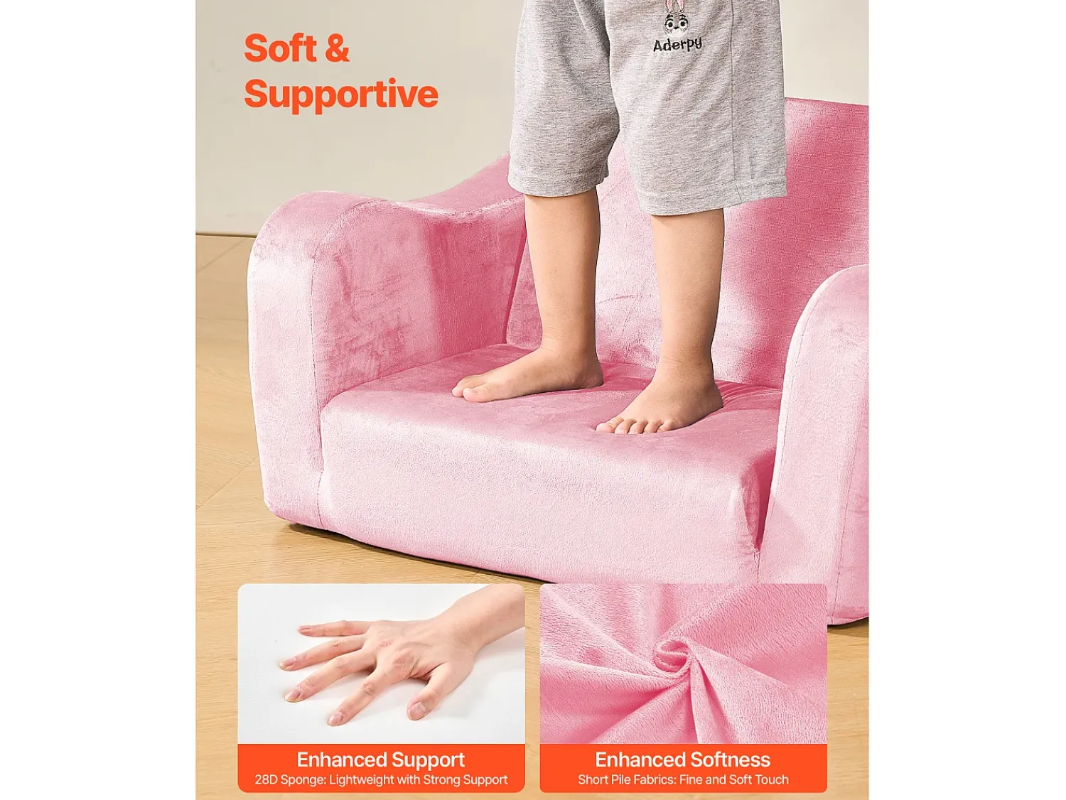 Discount Sofá para Crianças SucceBuy 2-em-1 Convertível em Chaise Longue, Sofá-cama Dobrável e Macio, com Apoios de Braço, em Esponja 28D e Pelo Curto, , M Rosa