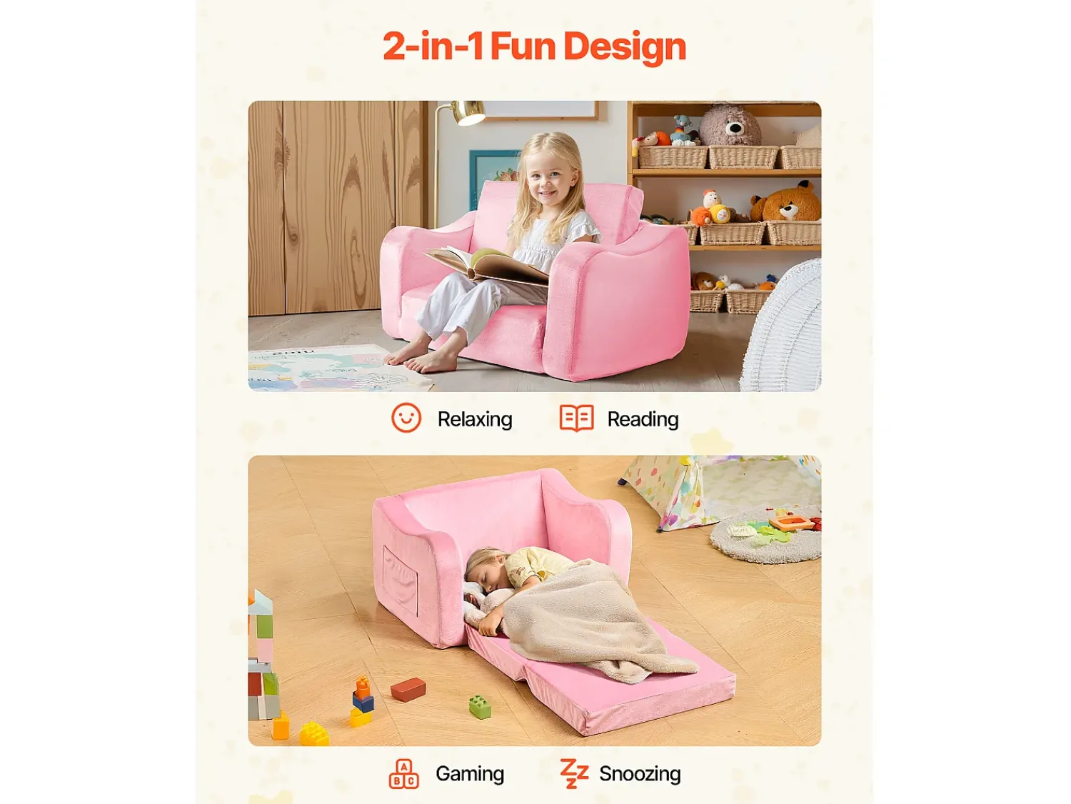 Discount Sofá para Crianças SucceBuy 2-em-1 Convertível em Chaise Longue, Sofá-cama Dobrável e Macio, com Apoios de Braço, em Esponja 28D e Pelo Curto, , M Rosa