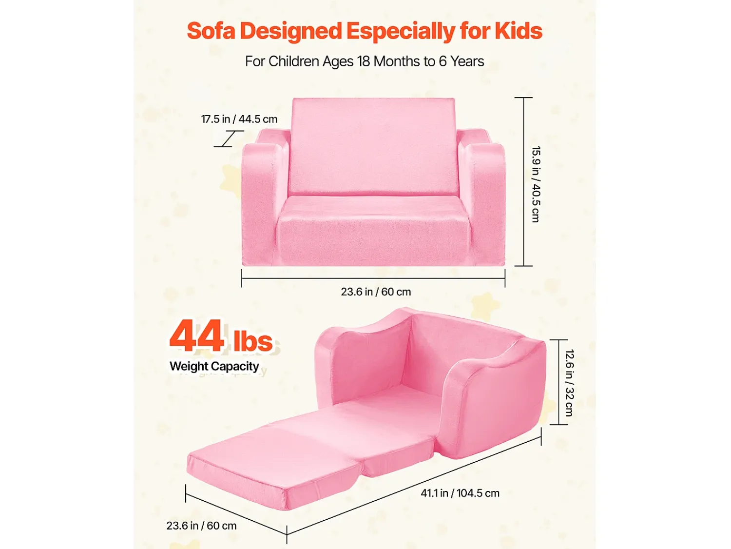 Discount Sofá para Crianças SucceBuy 2-em-1 Convertível em Chaise Longue, Sofá-cama Dobrável e Macio, com Apoios de Braço, em Esponja 28D e Pelo Curto, , M Rosa