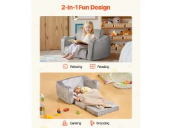 Sofá para Crianças SucceBuy 2-em-1 Convertível em Chaise Longue, Sofá-cama Dobrável e Macio, com Apoios de Braço, em Esponja 28D e Pelo Curto, Cinza, M^ Sofá