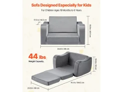 Sofá para Crianças SucceBuy 2-em-1 Convertível em Chaise Longue, Sofá-cama Dobrável e Macio, com Apoios de Braço, em Esponja 28D e Pelo Curto, Cinza, M^ Sofá