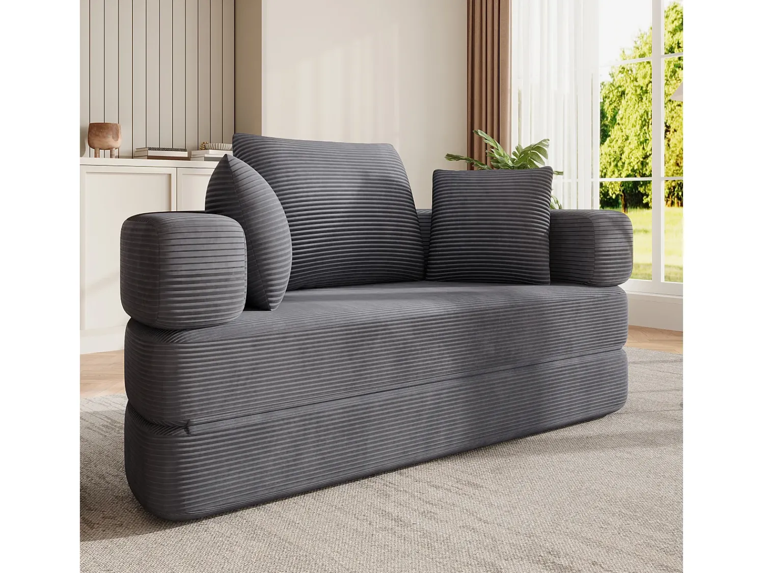 Sofá|ModernLuxe Sofá redondo dobrável 173x176x40cm - con almofada - tecido de veludo canelado - cinza Cinzento