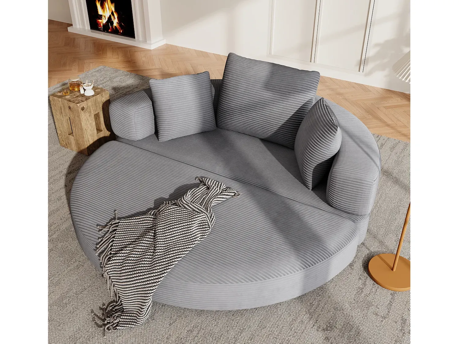 Sofá|ModernLuxe Sofá redondo dobrável 173x176x40cm - con almofada - tecido de veludo canelado - cinza Cinzento