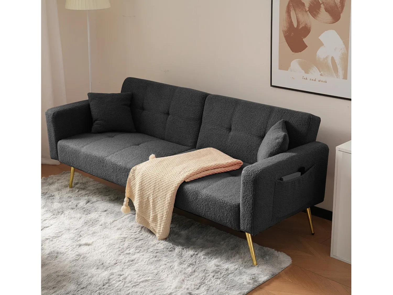 Sofá Relaxante Cinza - Sofá com Almofadas e Bolsos de Arrumação - Pernas Douradas - para Sala e Quarto^ Sofá