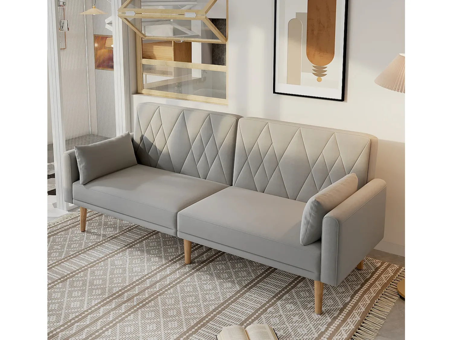 Sofá Relaxante Cinza - Sofá com Pernas e Braços em Madeira - Adequado para Sala de Estar e Quarto^ Sofá