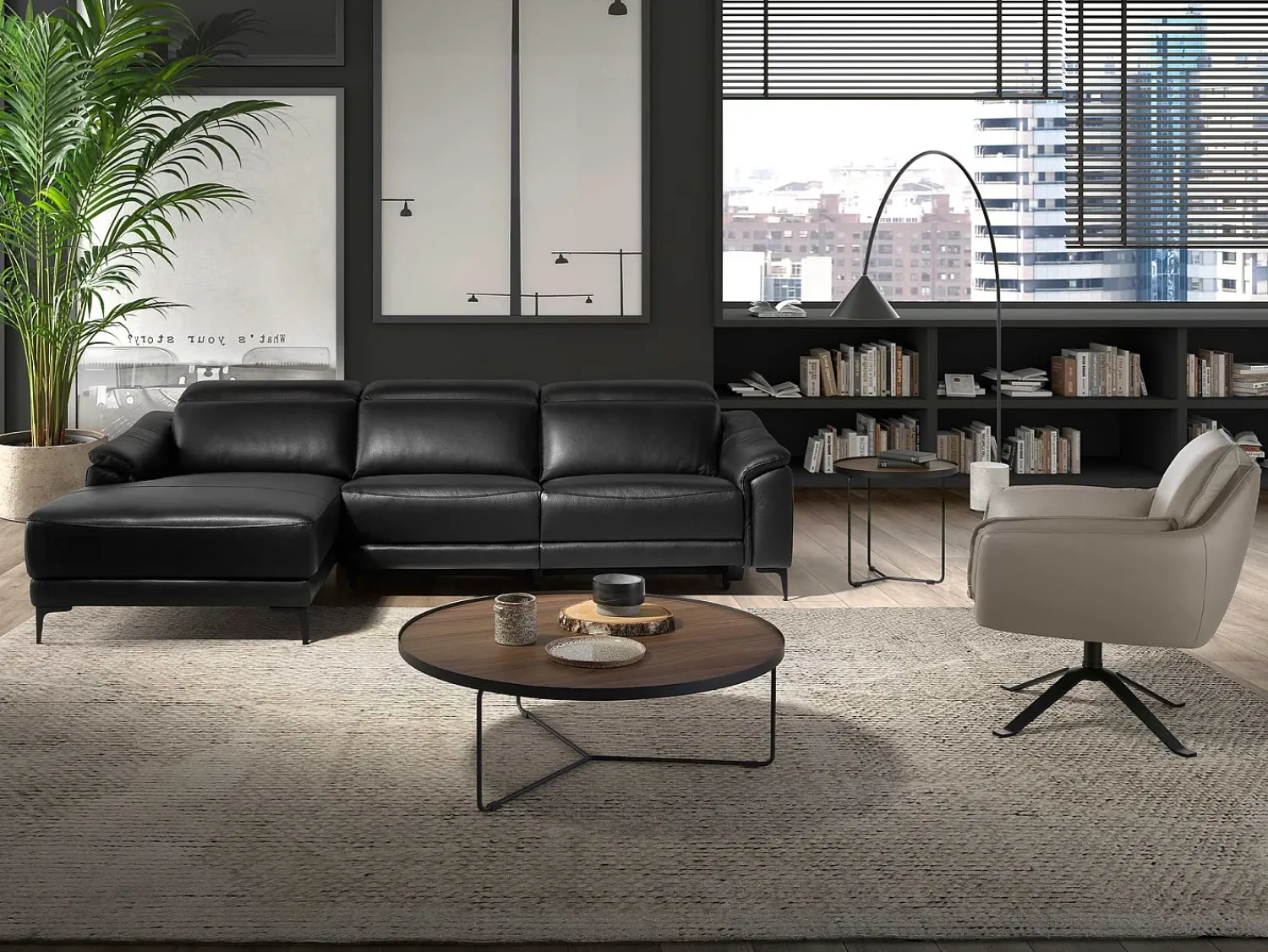 Sofá|Angel Cerda Sofá relaxante com chaise longue esquerda em pele preta 6206 Preto