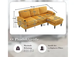 Clearance Hauss Spole Sofá reto de 4 lugares com apoio para os pés, bolsos laterais e suporte para copos 196,5 x 75 x 77 cm Amarelo