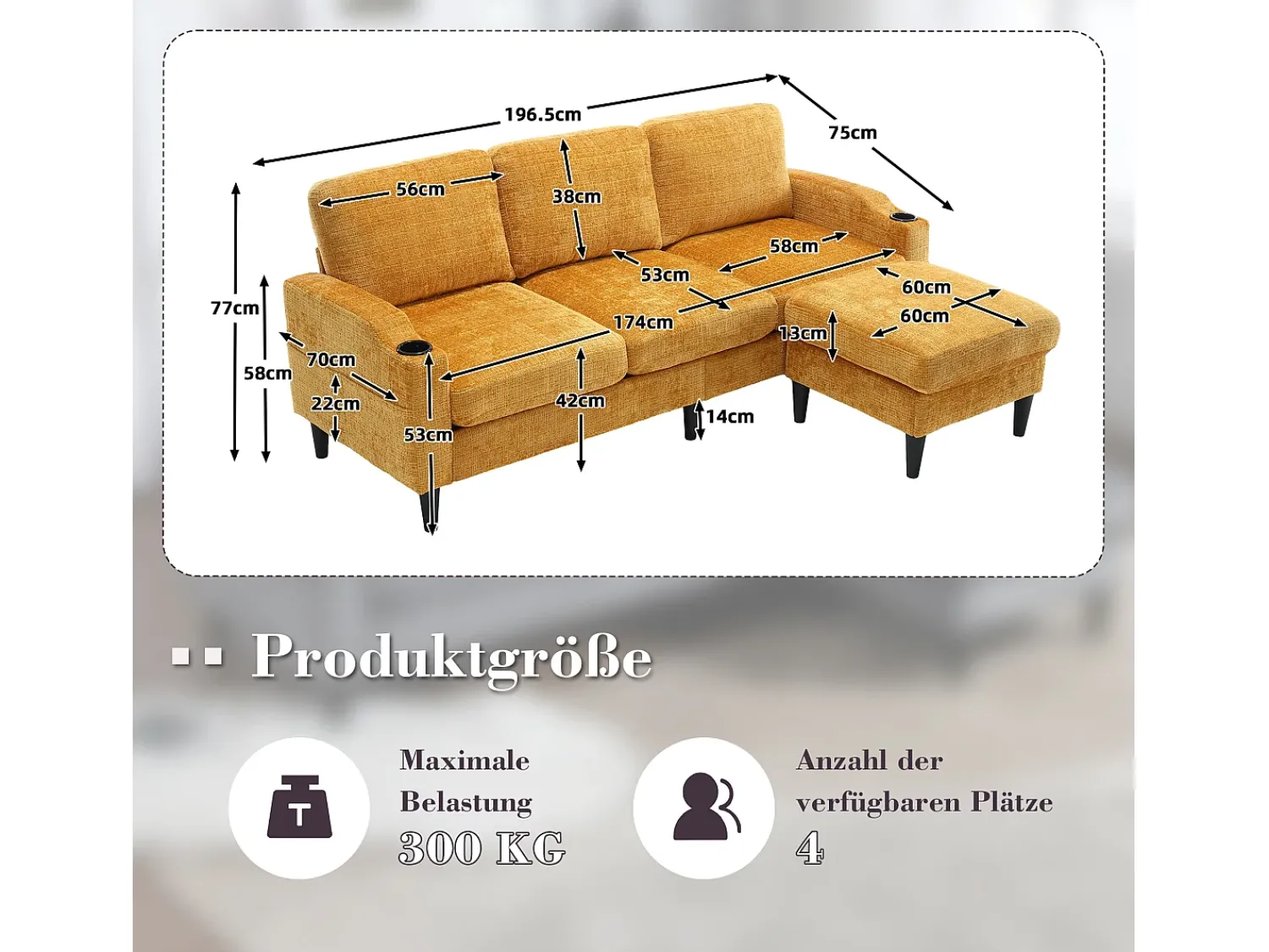 Clearance Hauss Spole Sofá reto de 4 lugares com apoio para os pés, bolsos laterais e suporte para copos 196,5 x 75 x 77 cm Amarelo