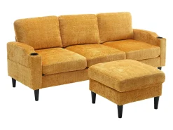 Clearance Hauss Spole Sofá reto de 4 lugares com apoio para os pés, bolsos laterais e suporte para copos 196,5 x 75 x 77 cm Amarelo