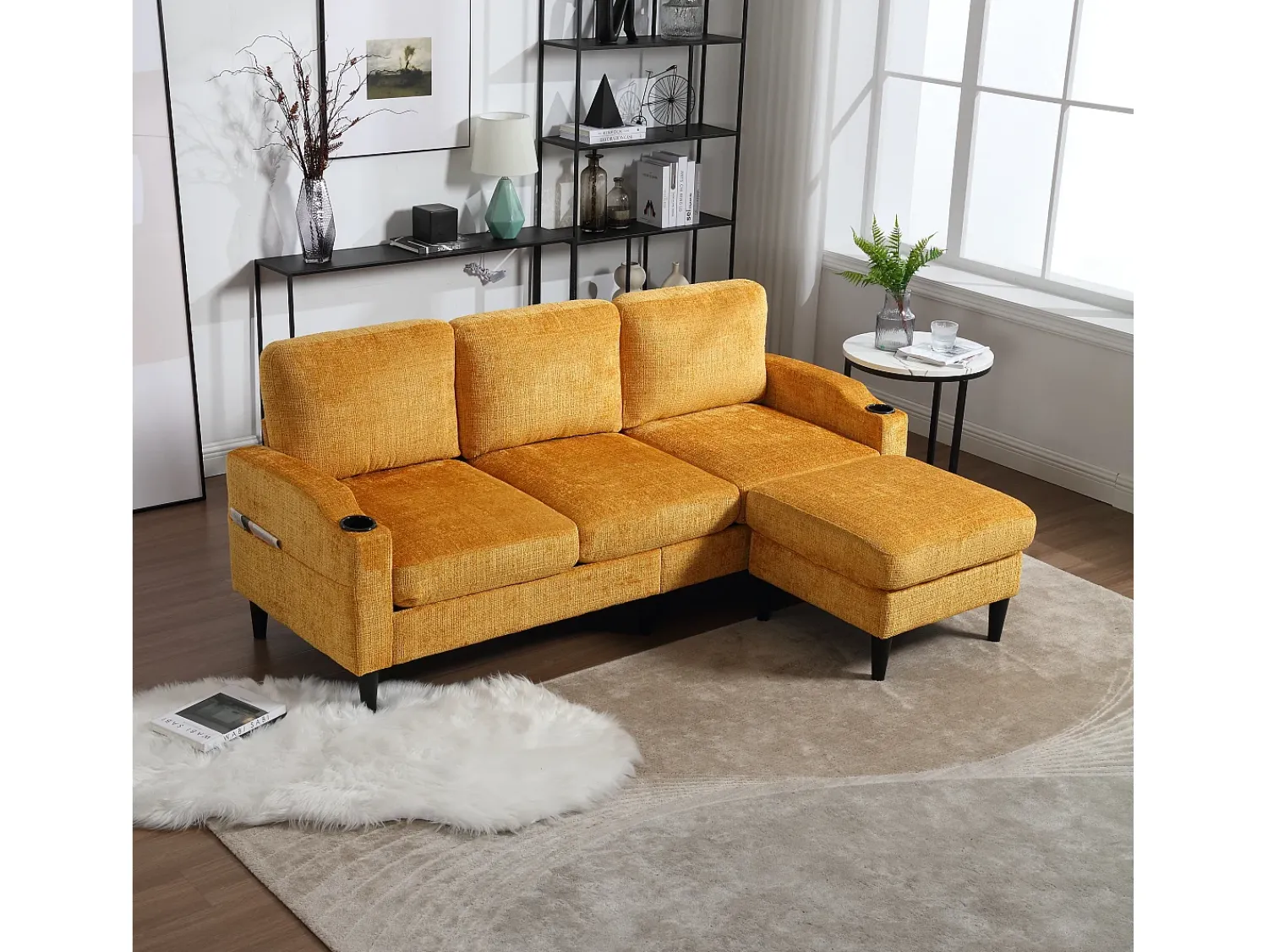 Clearance Hauss Spole Sofá reto de 4 lugares com apoio para os pés, bolsos laterais e suporte para copos 196,5 x 75 x 77 cm Amarelo