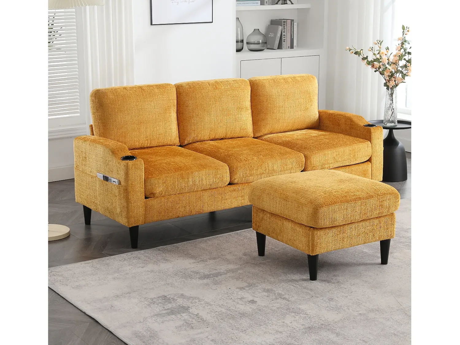 Clearance Hauss Spole Sofá reto de 4 lugares com apoio para os pés, bolsos laterais e suporte para copos 196,5 x 75 x 77 cm Amarelo