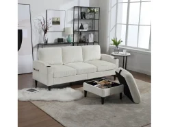 Sofá|Hauss Spole Sofá reto de 4 lugares com apoio para os pés, bolsos laterais e suporte para copos 196,5 x 75 x 77 cm Bege