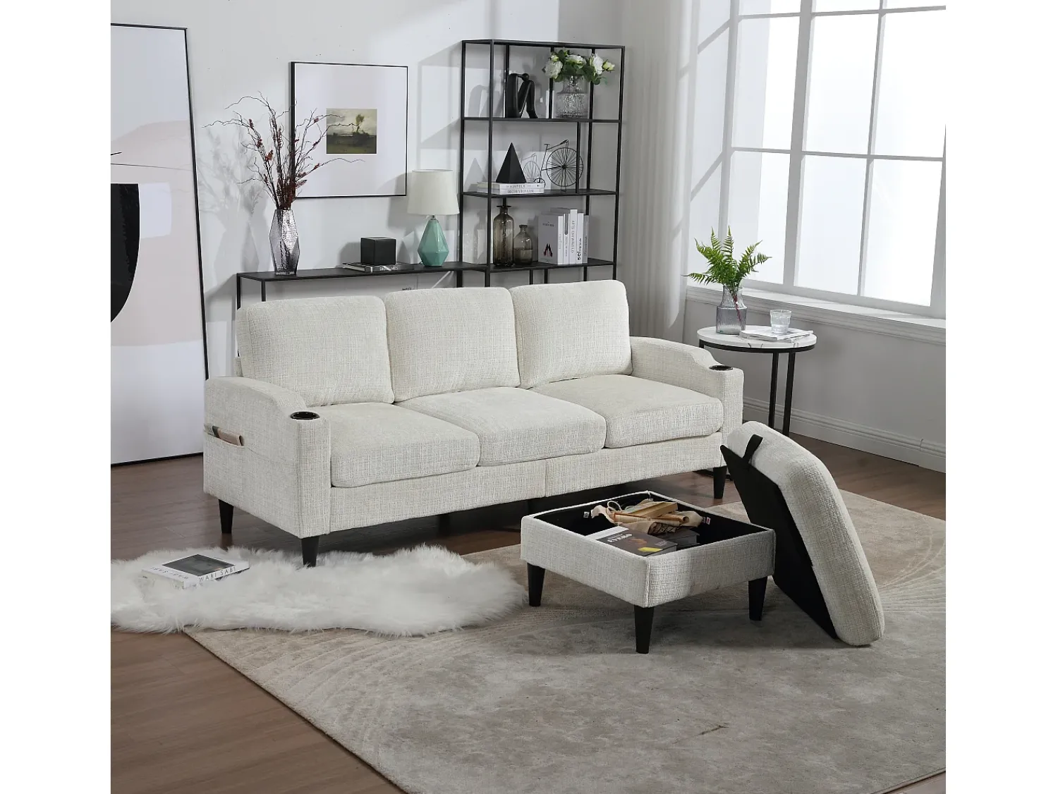 Sofá|Hauss Spole Sofá reto de 4 lugares com apoio para os pés, bolsos laterais e suporte para copos 196,5 x 75 x 77 cm Bege