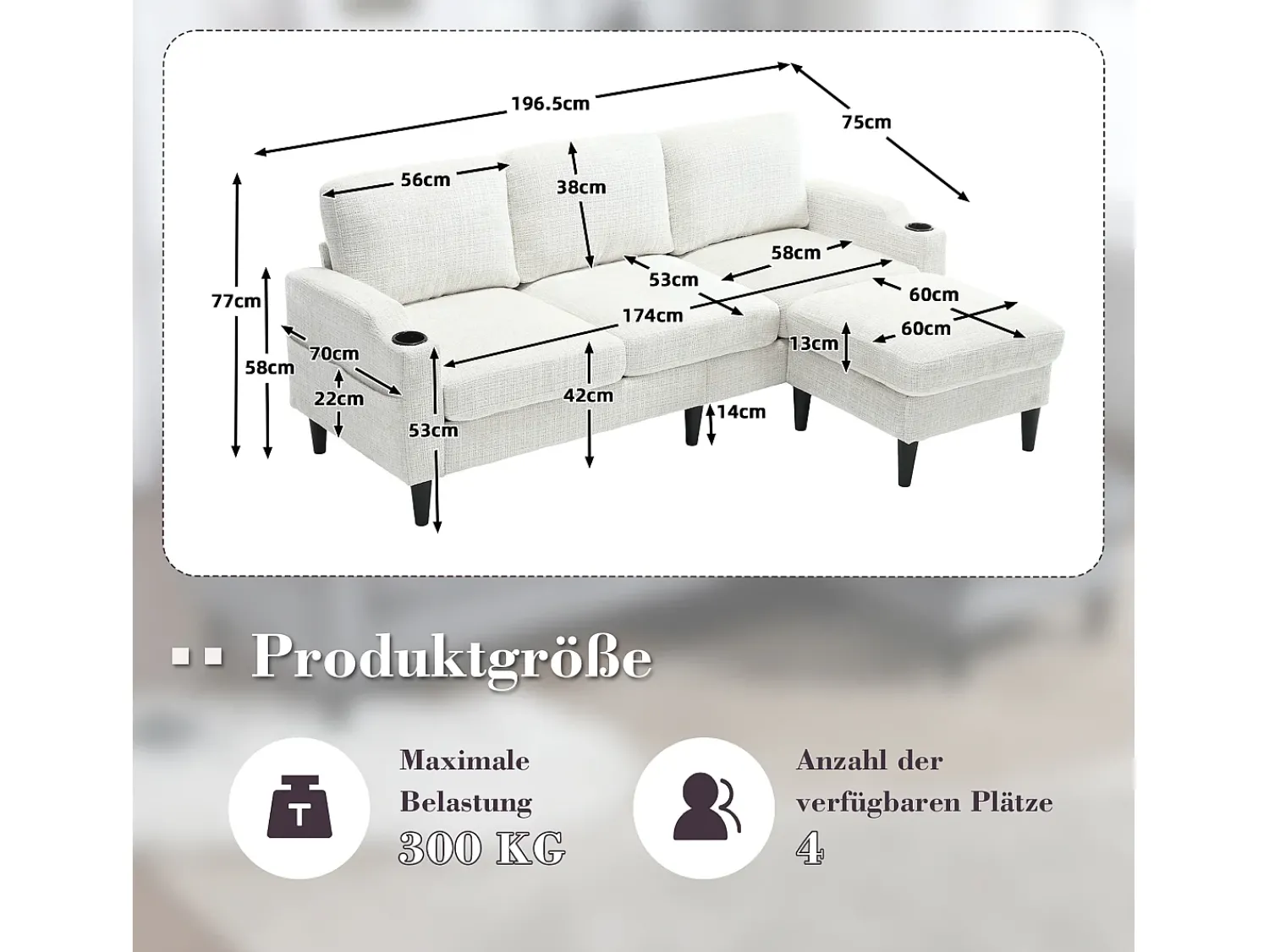 Sofá|Hauss Spole Sofá reto de 4 lugares com apoio para os pés, bolsos laterais e suporte para copos 196,5 x 75 x 77 cm Bege