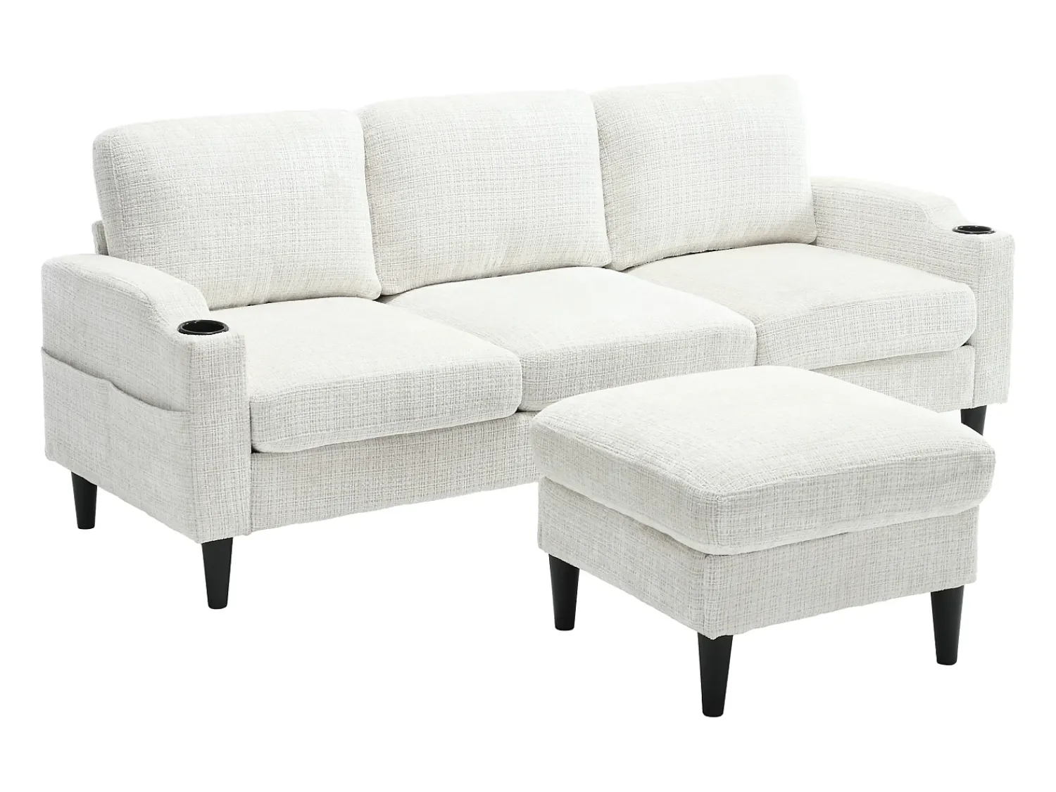 Sofá|Hauss Spole Sofá reto de 4 lugares com apoio para os pés, bolsos laterais e suporte para copos 196,5 x 75 x 77 cm Bege