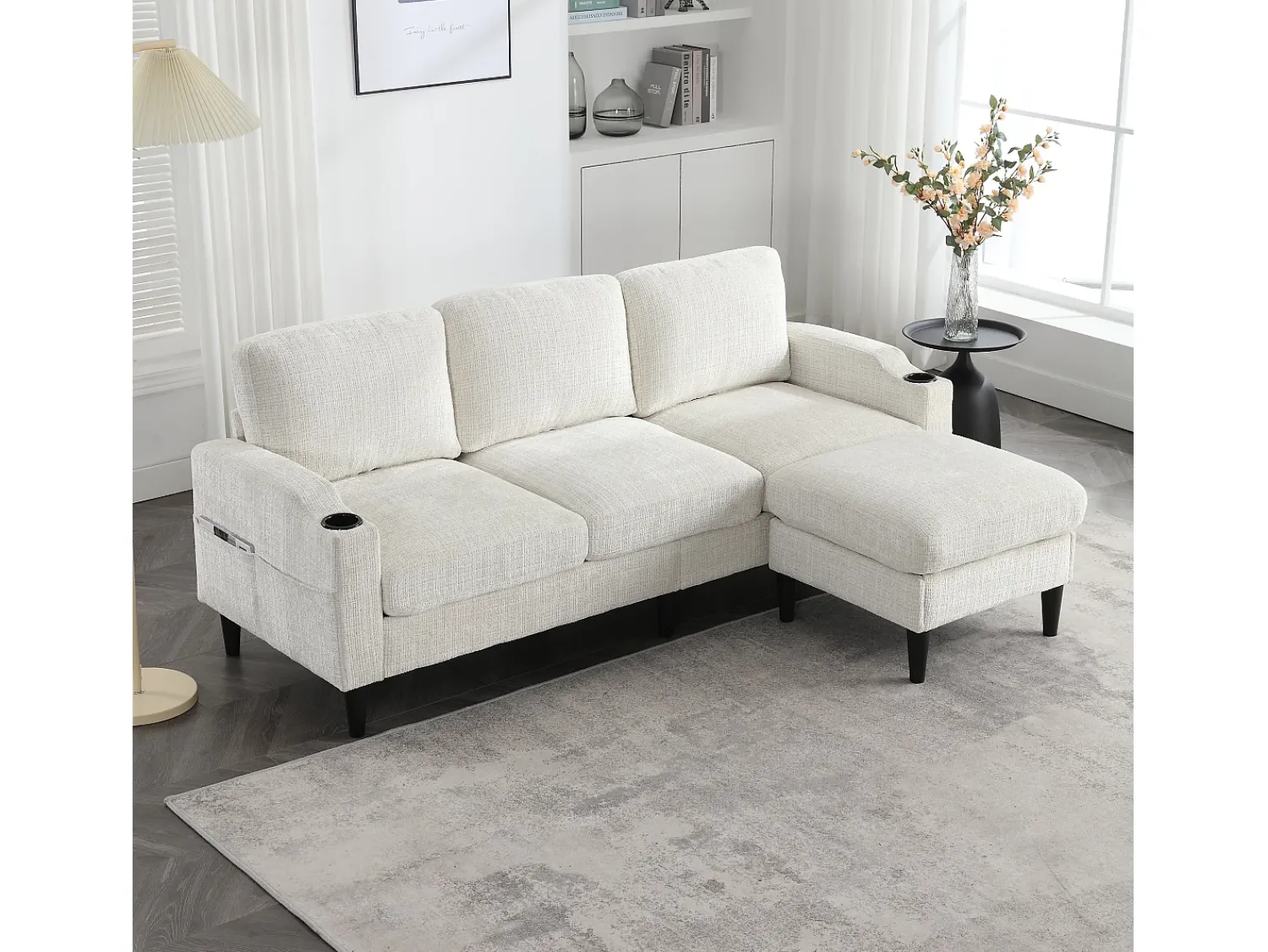 Sofá|Hauss Spole Sofá reto de 4 lugares com apoio para os pés, bolsos laterais e suporte para copos 196,5 x 75 x 77 cm Bege