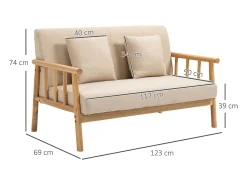 Best Hauss Spole Sofá reto de 2 lugares, estrutura de madeira natural, 2 almofadas incluídas - 123x69x74cm Bege