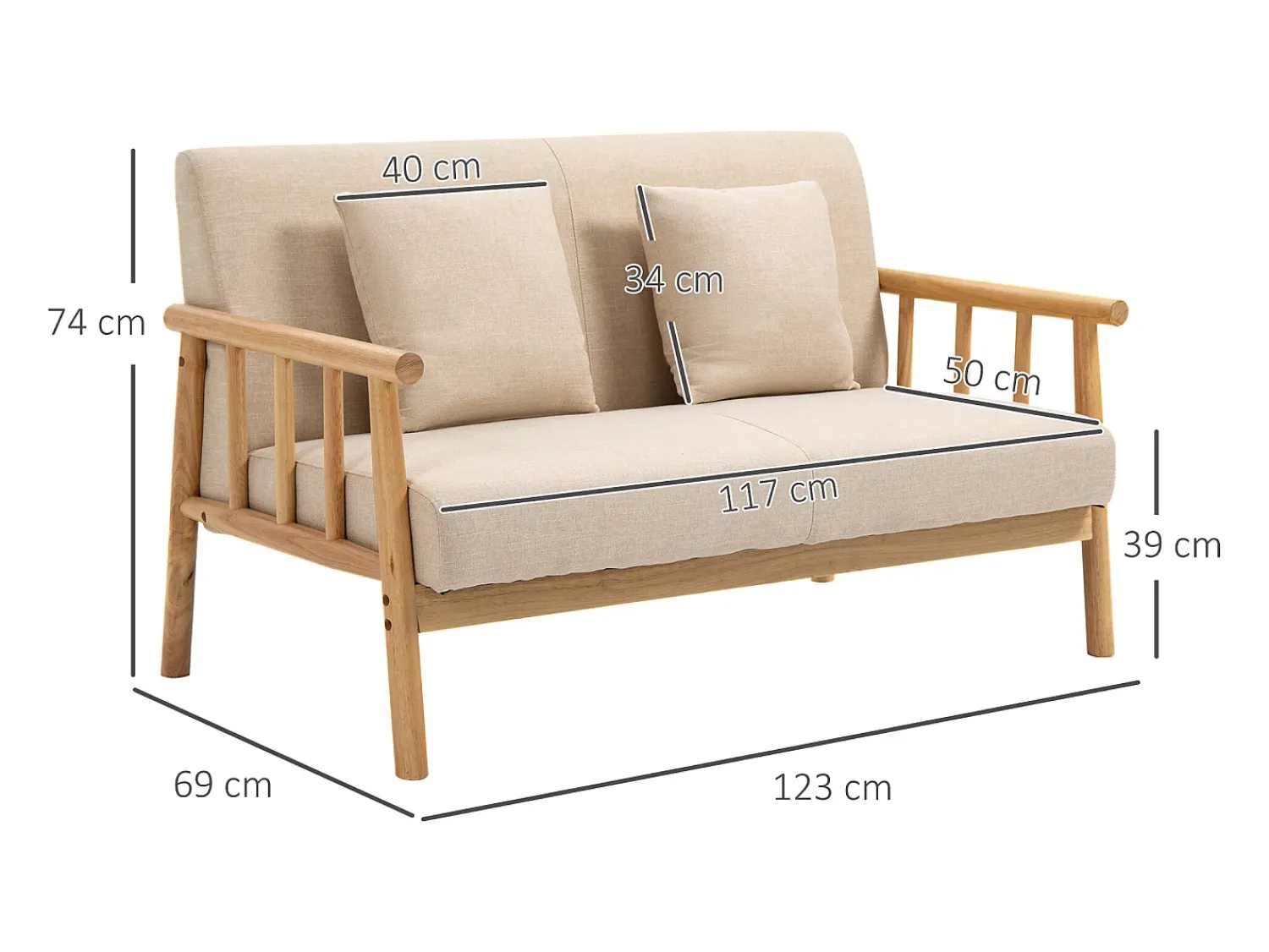 Best Hauss Spole Sofá reto de 2 lugares, estrutura de madeira natural, 2 almofadas incluídas - 123x69x74cm Bege
