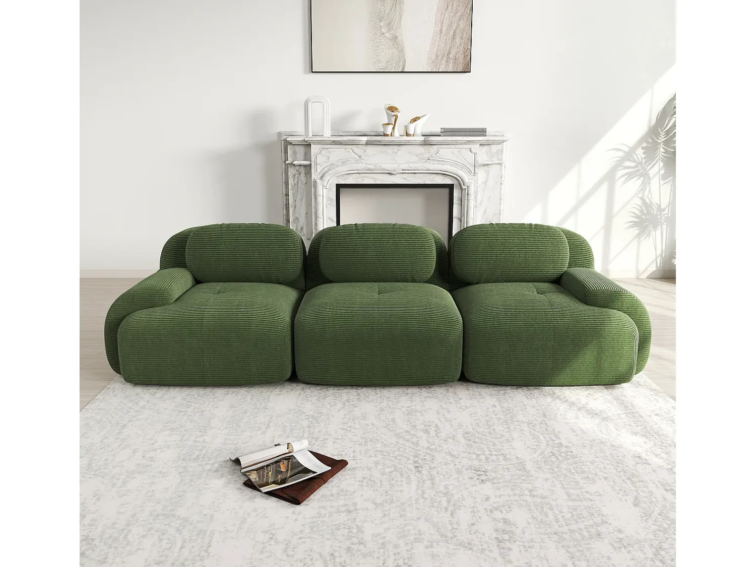 Online Sofá reto com braços curvos - Sofá de 3 lugares com encosto e almofadas decorativas - Veludo cotelê Verde
