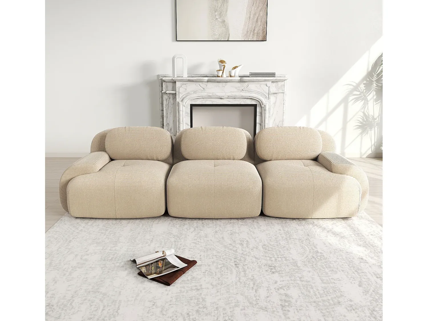 Sofá reto com braços curvos - Sofá de 3 lugares com encosto e almofadas decorativas - Veludo cotelê^ Sofá