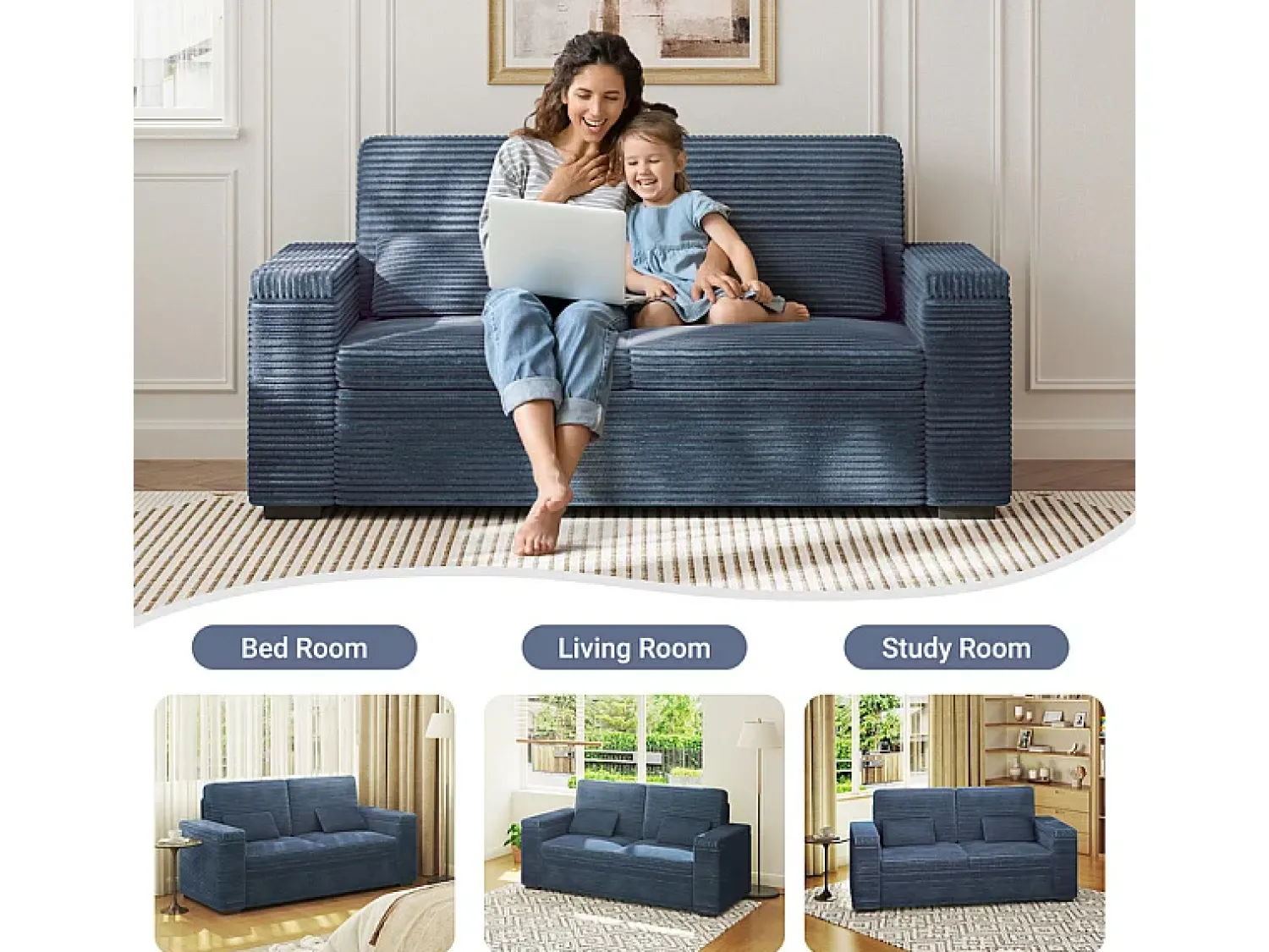 DripeX Sofá reto de 2 lugares em veludo canelado - com braços de armazenamento - 180x74x84cm^ Sofá