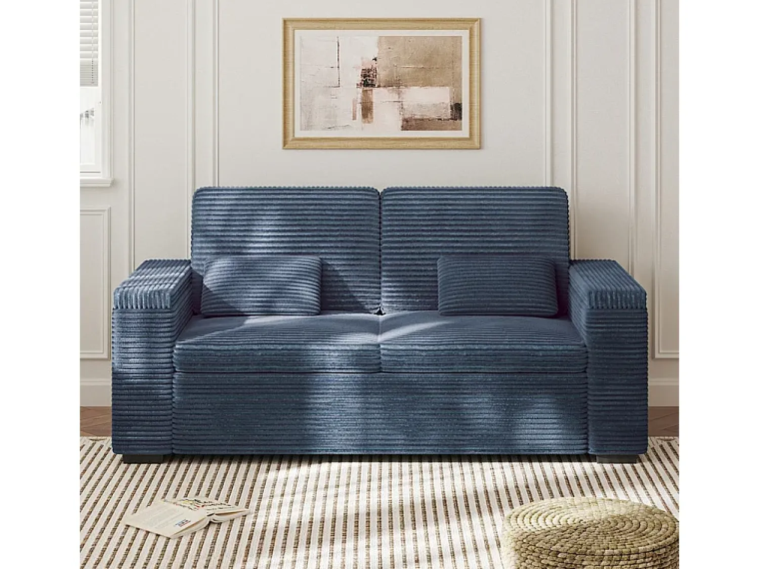 DripeX Sofá reto de 2 lugares em veludo canelado - com braços de armazenamento - 180x74x84cm^ Sofá