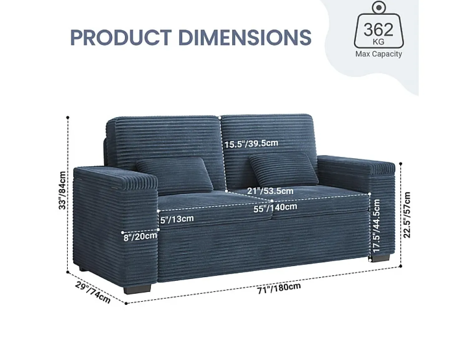 DripeX Sofá reto de 2 lugares em veludo canelado - com braços de armazenamento - 180x74x84cm^ Sofá
