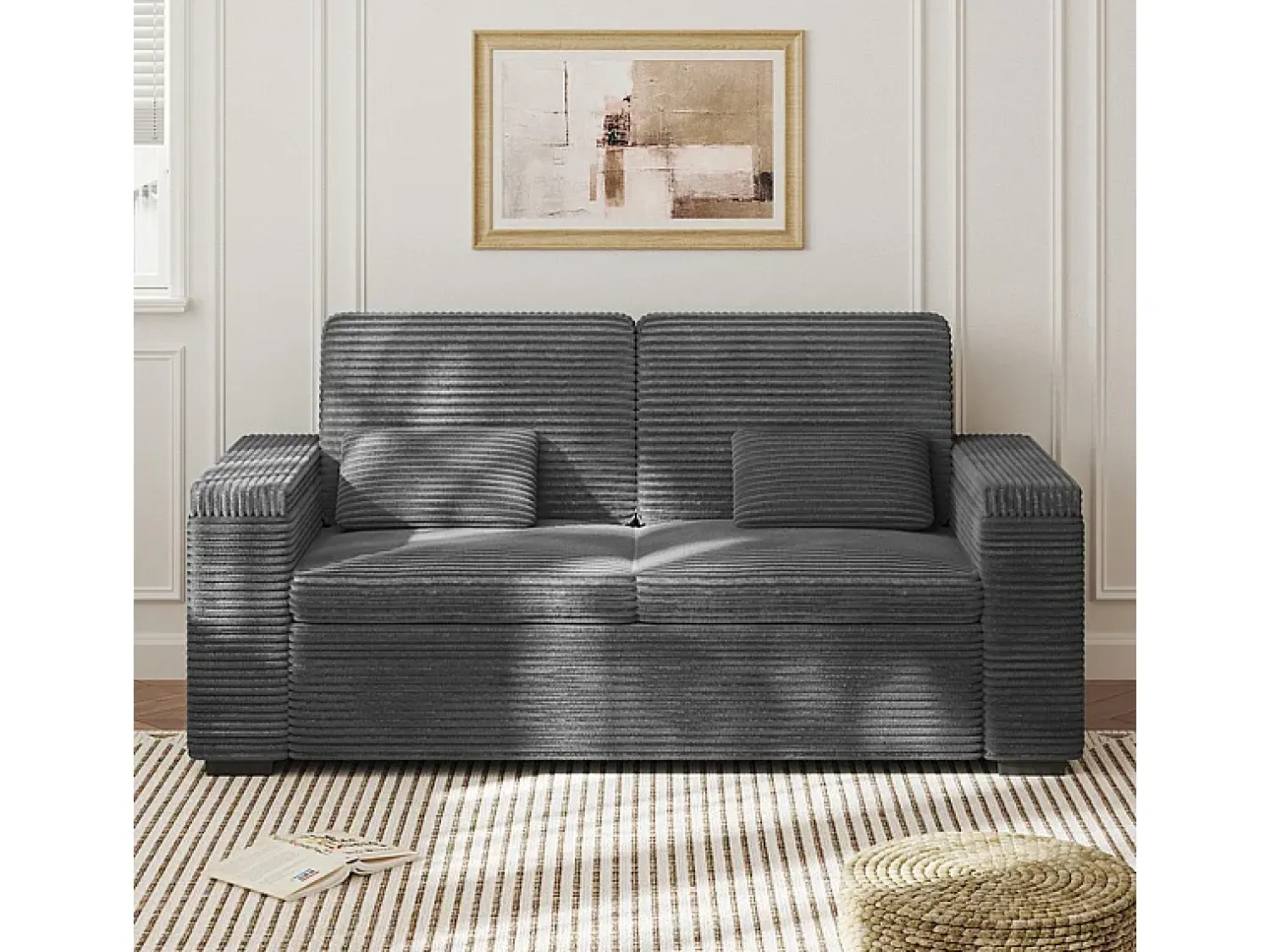 DripeX Sofá reto de 2 lugares em veludo canelado Cinza - com braços de armazenamento - 180x74x84cm^ Sofá