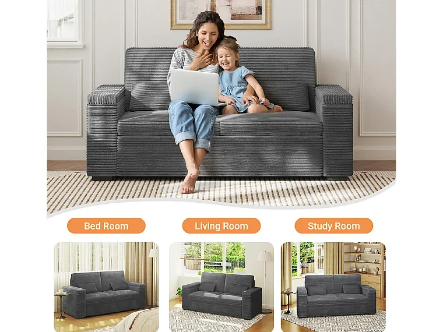 DripeX Sofá reto de 2 lugares em veludo canelado Cinza - com braços de armazenamento - 180x74x84cm^ Sofá