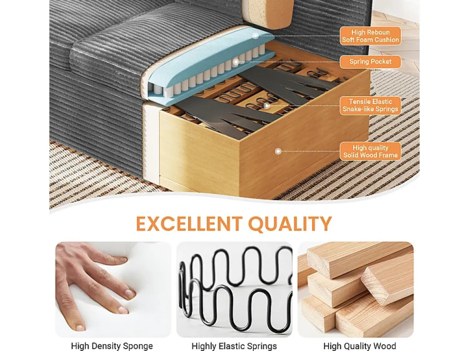 DripeX Sofá reto de 2 lugares em veludo canelado Cinza - com braços de armazenamento - 180x74x84cm^ Sofá