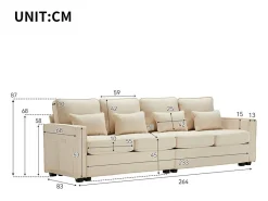 Best DripeX Sofá reto em linho - 4 lugares - com bolsos nos braços e 4 almofadas - 264x83x87cm Bege