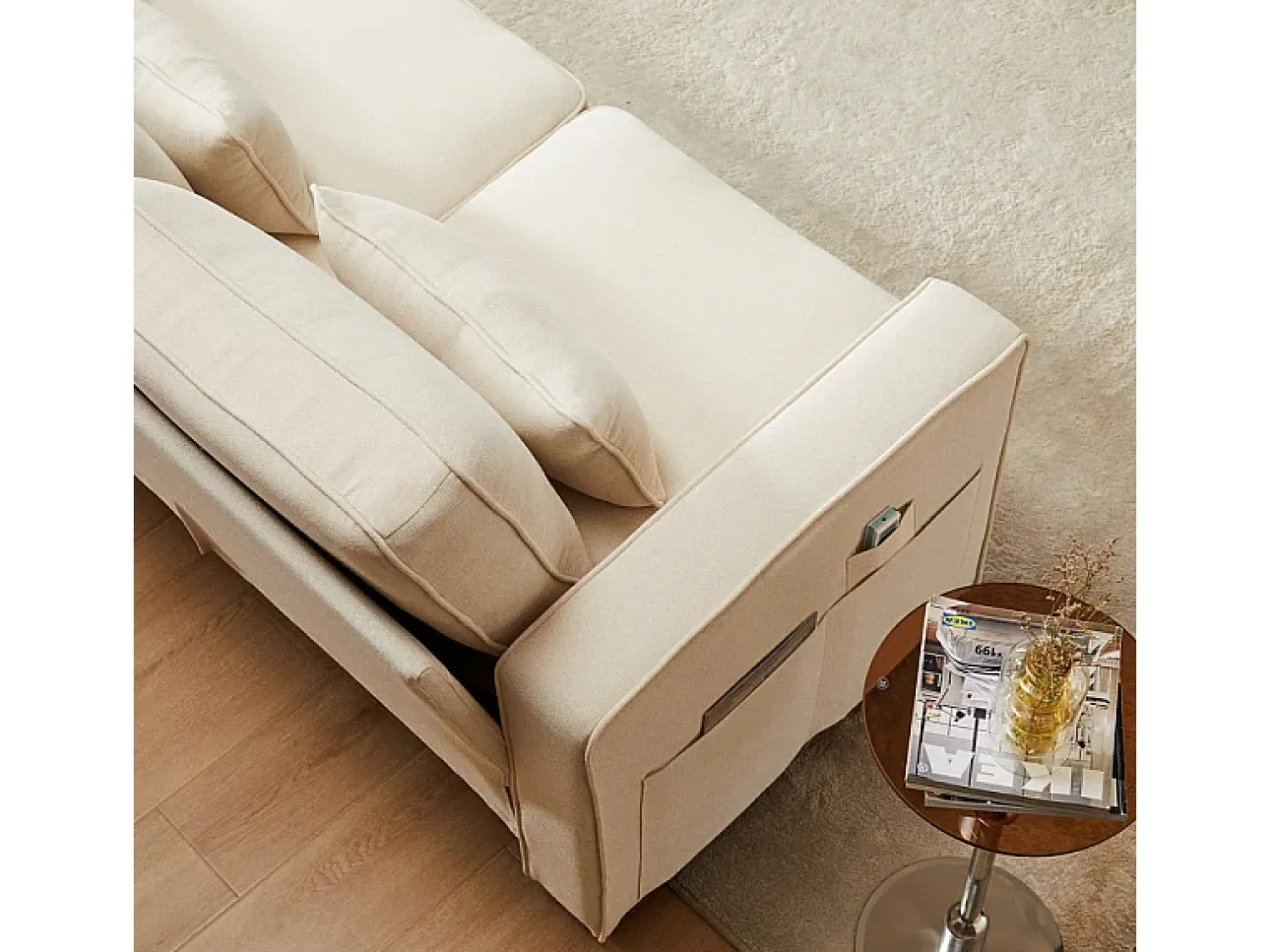 Best DripeX Sofá reto em linho - 4 lugares - com bolsos nos braços e 4 almofadas - 264x83x87cm Bege
