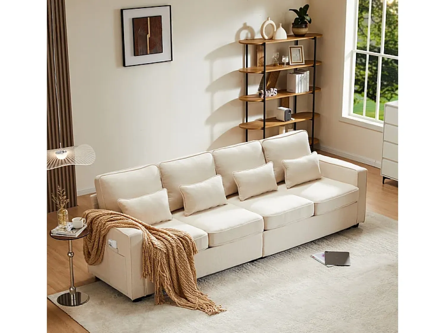 Best DripeX Sofá reto em linho - 4 lugares - com bolsos nos braços e 4 almofadas - 264x83x87cm Bege