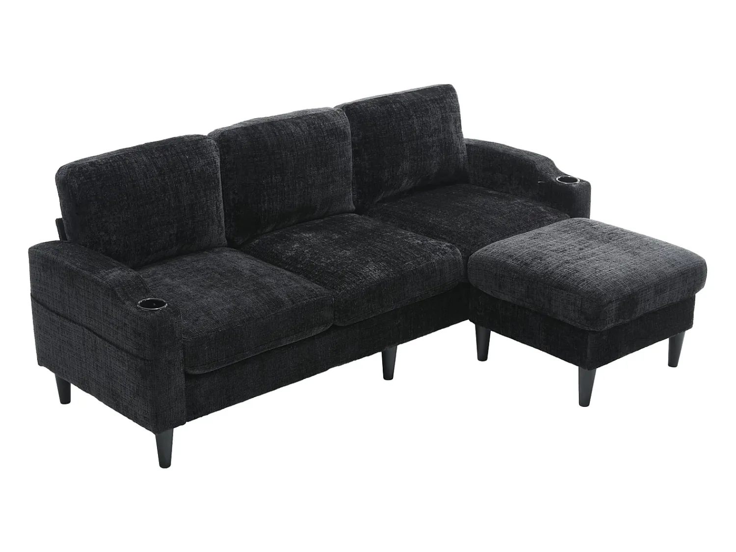 Sofá|Hauss Spole Sofá reto de 4 lugares com apoio para os pés, bolsos laterais e suporte para copos 196,5 x 75 x 77 cm Preto