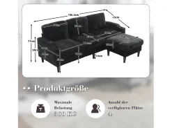 Sofá|Hauss Spole Sofá reto de 4 lugares com apoio para os pés, bolsos laterais e suporte para copos 196,5 x 75 x 77 cm Preto