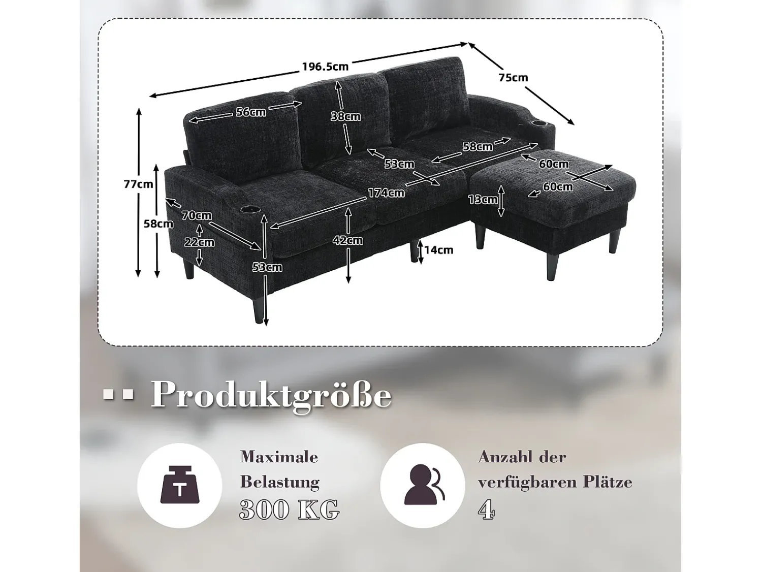Sofá|Hauss Spole Sofá reto de 4 lugares com apoio para os pés, bolsos laterais e suporte para copos 196,5 x 75 x 77 cm Preto