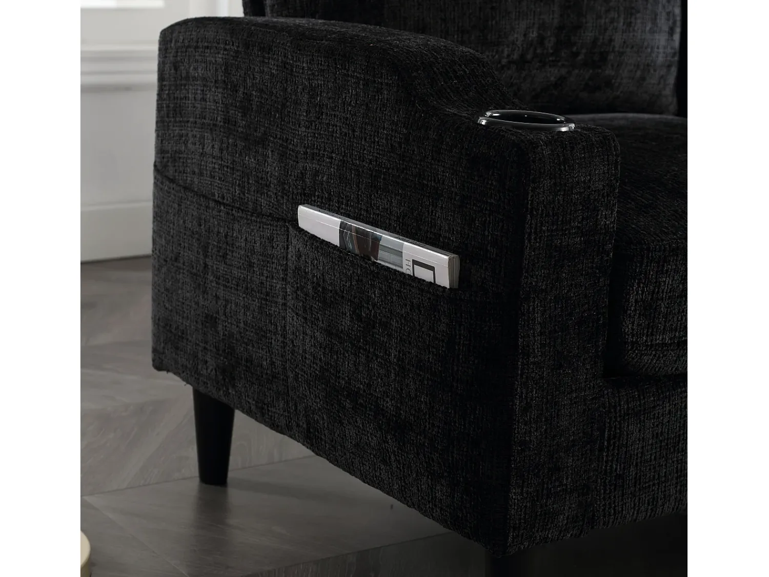 Sofá|Hauss Spole Sofá reto de 4 lugares com apoio para os pés, bolsos laterais e suporte para copos 196,5 x 75 x 77 cm Preto
