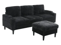 Sofá|Hauss Spole Sofá reto de 4 lugares com apoio para os pés, bolsos laterais e suporte para copos 196,5 x 75 x 77 cm Preto
